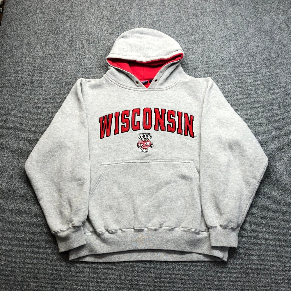 Team Edition Wisconsin Badgers Hoodie Gray Red Bucky Badger Mens Medium